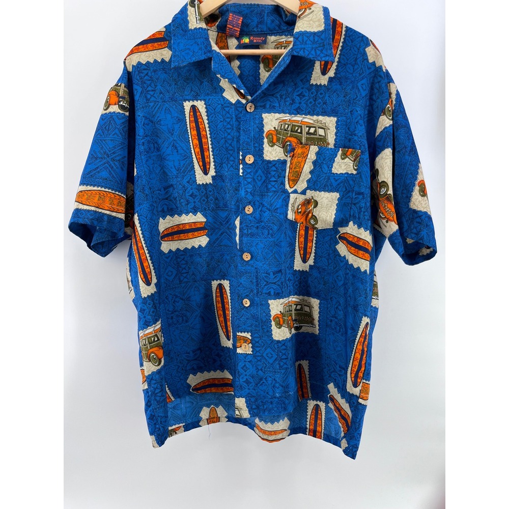 Roundy Bay Mens XL Blue Tropical Woody Wagon Surfboard Short Sleeve Button Shirt
